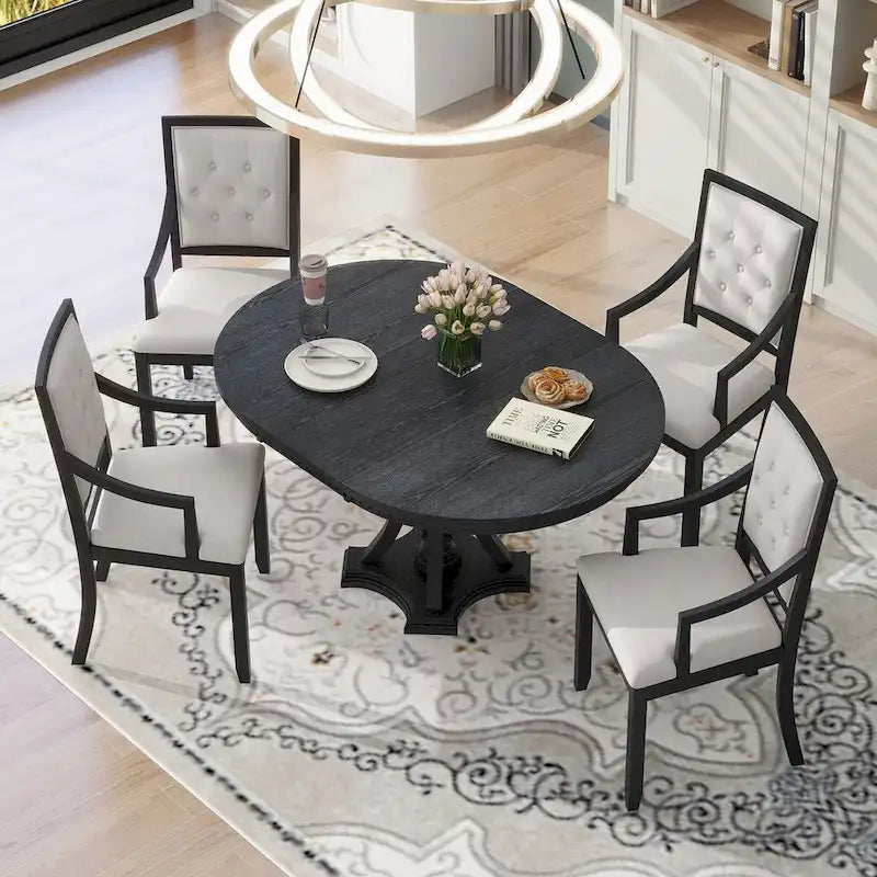 Ensemble de salle à manger 5 pièces avec table à manger ronde extensible et 4 chaises rembourrées pour cuisine et salle à manger