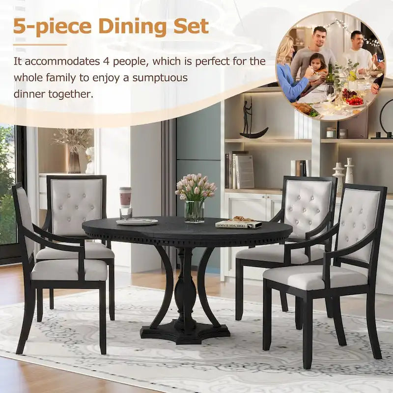 Ensemble de salle à manger 5 pièces avec table à manger ronde extensible et 4 chaises rembourrées pour cuisine et salle à manger