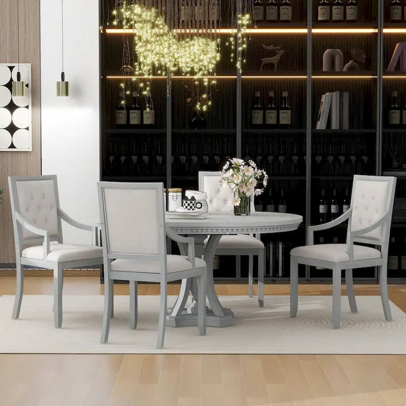 Ensemble de salle à manger 5 pièces avec table à manger ronde extensible et 4 chaises rembourrées pour cuisine et salle à manger