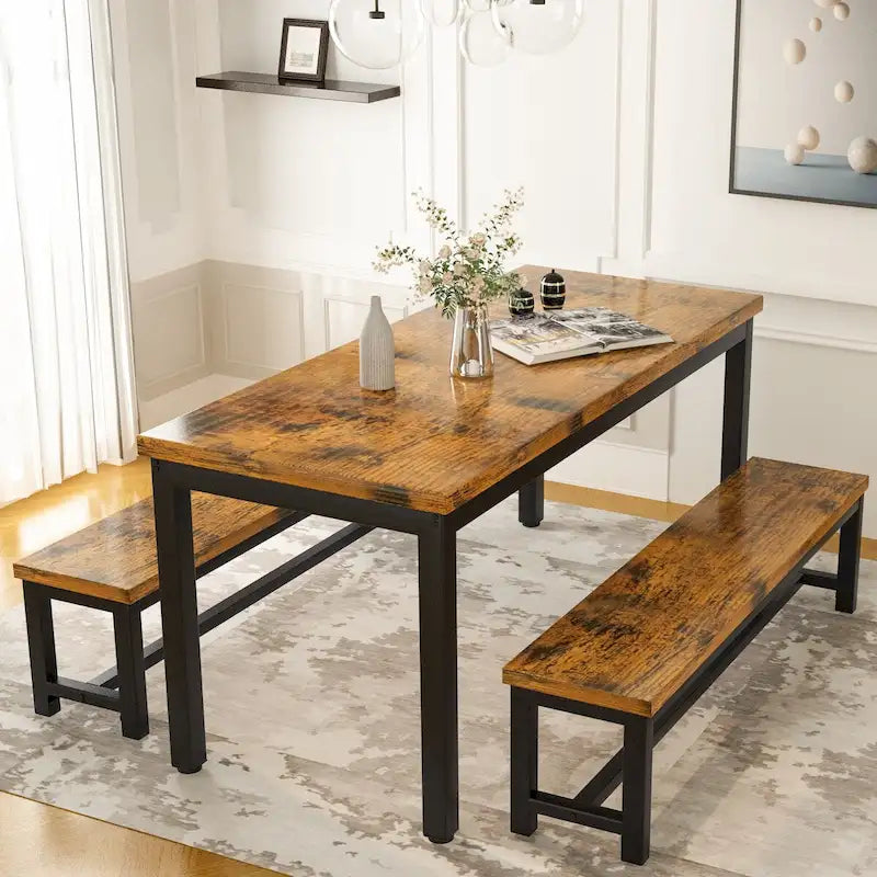 Ensemble de salle à manger 3 pièces Mieres avec deux bancs, ensemble de table de cuisine pour 4 à 6 personnes