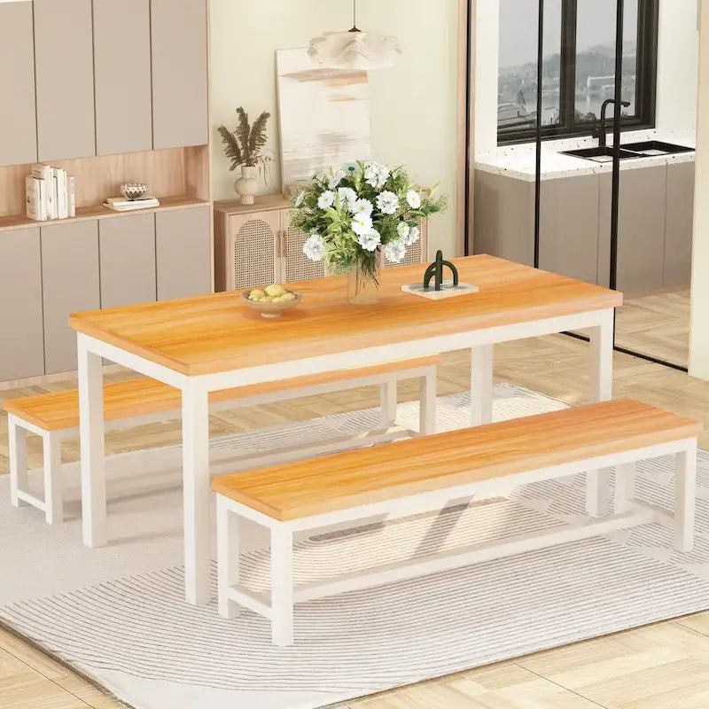 Ensemble de salle à manger 3 pièces Mieres avec deux bancs, ensemble de table de cuisine pour 4 à 6 personnes