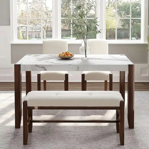Ensemble de salle à manger 4 pièces avec table effet marbre, 2 chaises rembourrées et banc avec pieds en bois