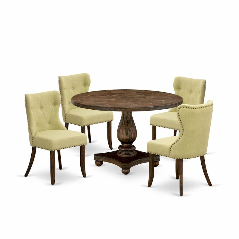 Ensemble de salle à manger East West Furniture - une table de salle à manger et des chaises en tissu Limelight Linen, Distressed Jacobean (option de pièces)