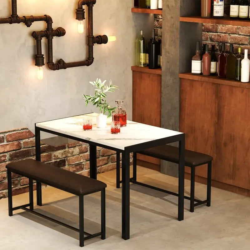 3 - Piece Faux Marble Dining Set, Kitchen Table Set with 2 PU Leather Benches for Dining Room, Breakfast Nook