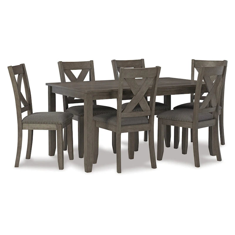 7 Piece Dining Table Set, Lattice Back Chairs, Dark Gray Wood, Polyester