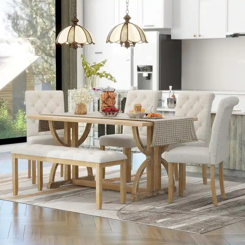 Ensemble de salle à manger rectangulaire rétro 6 pièces, table avec pieds uniques et 4 chaises rembourrées et 1 banc pour salle à manger et cuisine