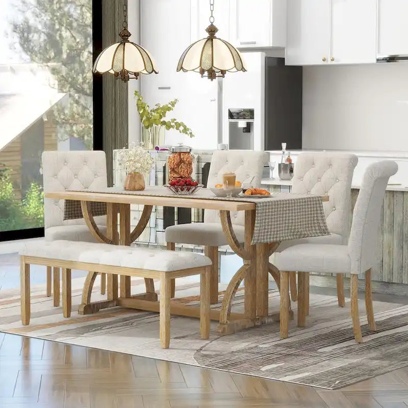 6-Piece Retro Rectangular Dining Table Set,Table with Unique Legs and 4 Upholstered Chairs & 1 Bench for Dining Room and Kitchen