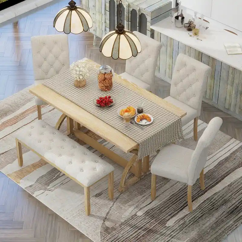 Ensemble de salle à manger rectangulaire rétro 6 pièces, table avec pieds uniques et 4 chaises rembourrées et 1 banc pour salle à manger et cuisine