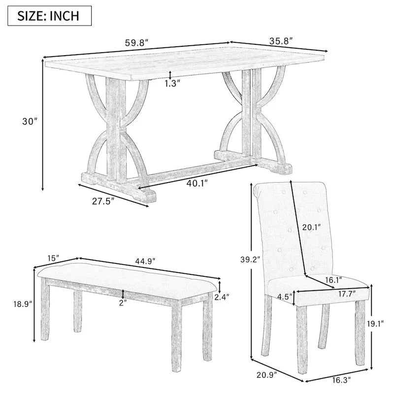 Ensemble de salle à manger rectangulaire rétro 6 pièces, table avec pieds uniques et 4 chaises rembourrées et 1 banc pour salle à manger et cuisine