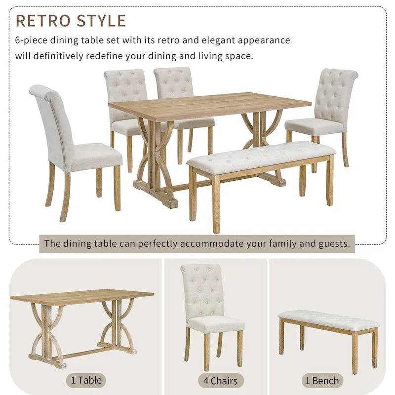 Ensemble de salle à manger rectangulaire rétro 6 pièces, table avec pieds uniques et 4 chaises rembourrées et 1 banc pour salle à manger et cuisine