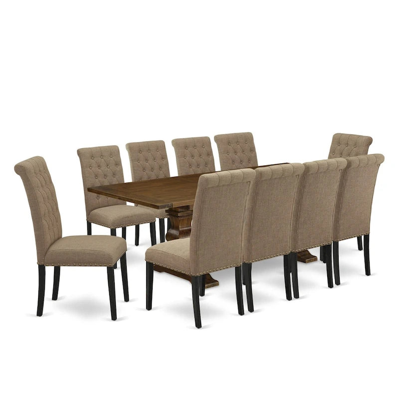 East West Furniture Ensemble de salle à manger 11 pièces - une table de salle à manger et 10 chaises en tissu lin Light Sable (options de finition)