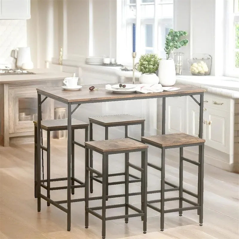 Ensemble de salle à manger en bois avec table de bar et 4 tabourets (Lot de 5)