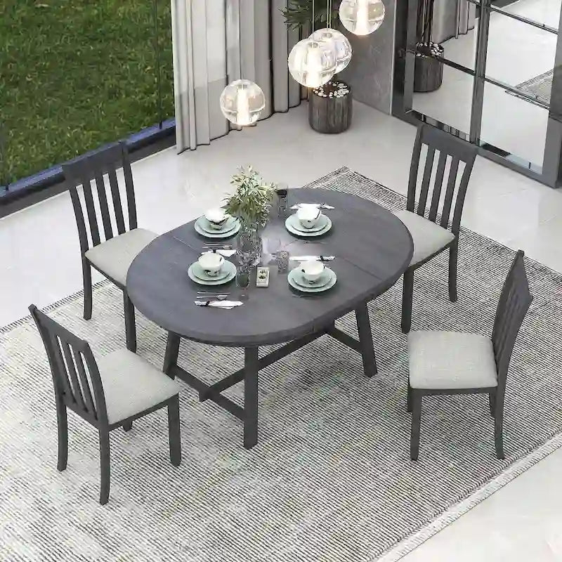 Ensemble de salle à manger 5 pièces en bois pour 4 personnes, table ronde extensible avec 4 chaises