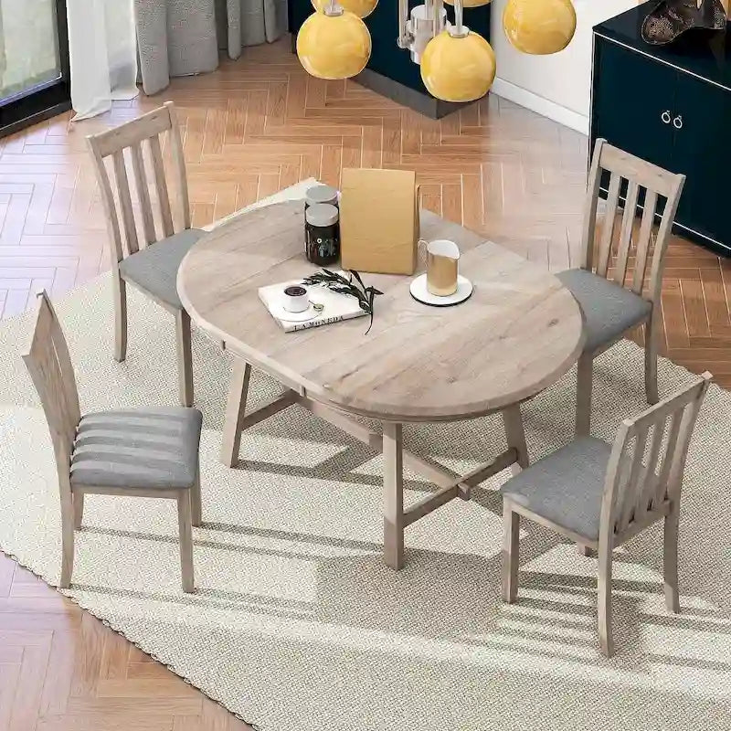 Ensemble de salle à manger 5 pièces en bois pour 4 personnes, table ronde extensible avec 4 chaises