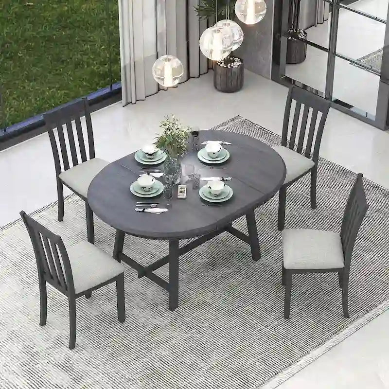 Ensemble de salle à manger 5 pièces en bois pour 4 personnes, table ronde extensible avec 4 chaises