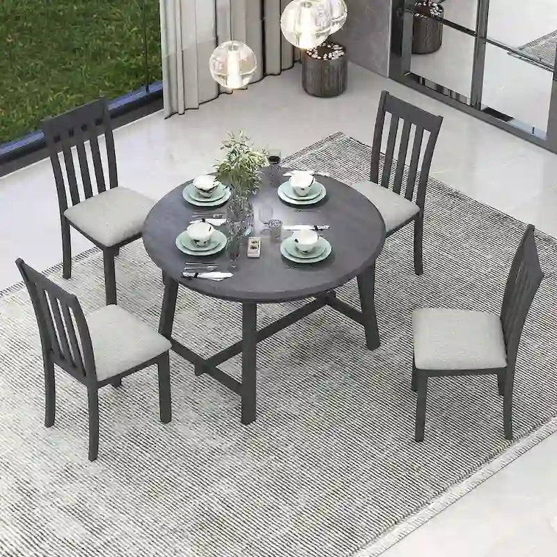 Ensemble de salle à manger 5 pièces en bois pour 4 personnes, table ronde extensible avec 4 chaises