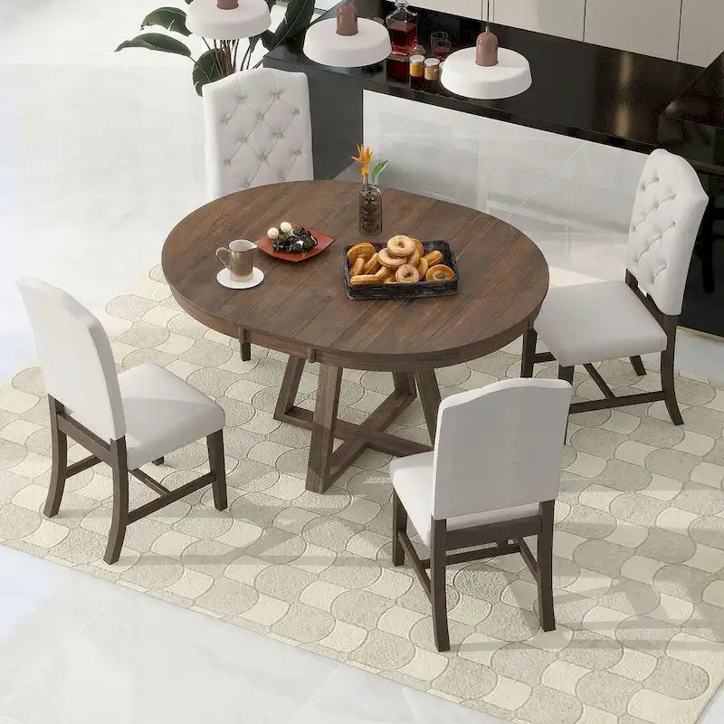 Ensemble de table de style vintage 5 pièces, table à manger ronde extensible 42-58 avec 4 chaises de salle à manger rembourrées