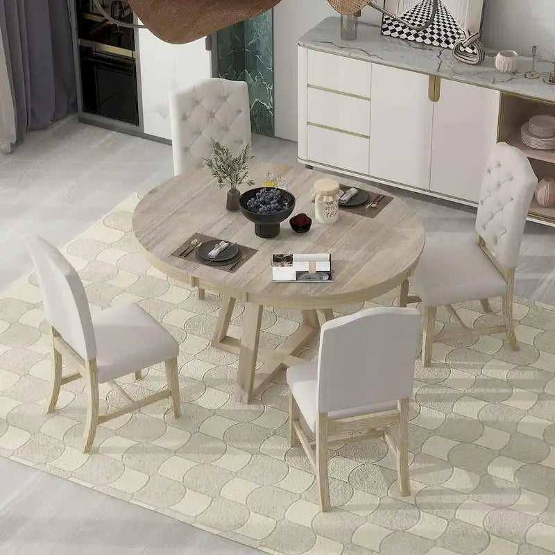 Ensemble de table de style vintage 5 pièces, table à manger ronde extensible 42-58 avec 4 chaises de salle à manger rembourrées