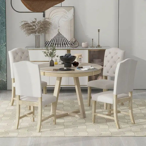 Ensemble de table de style vintage 5 pièces, table à manger ronde extensible 42-58 avec 4 chaises de salle à manger rembourrées