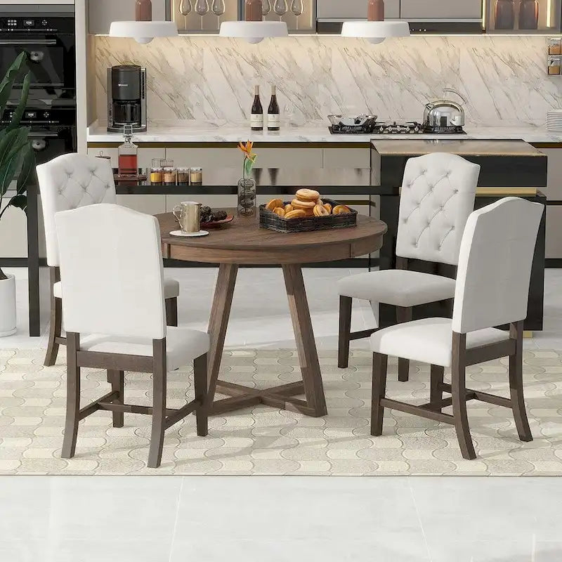 Ensemble de table de style vintage 5 pièces, table à manger ronde extensible 42-58 avec 4 chaises de salle à manger rembourrées