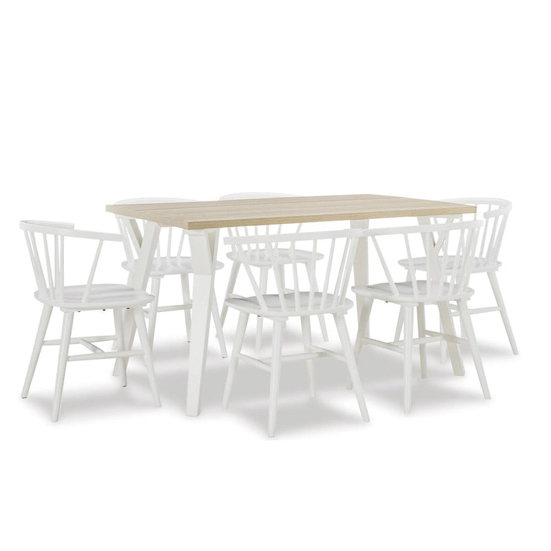 Ensemble de salle à manger 7 pièces Roundhill Alwynn en bois blanc et naturel, table de salle à manger avec 6 chaises Windsor