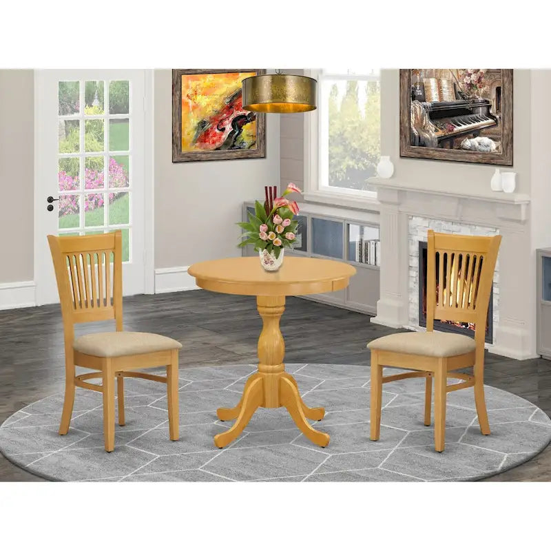 East West Furniture 3 Piece Dining Table Set Contains a Round Dining Room Table and 2 Kitchen Chairs, Oak (Seat Options)