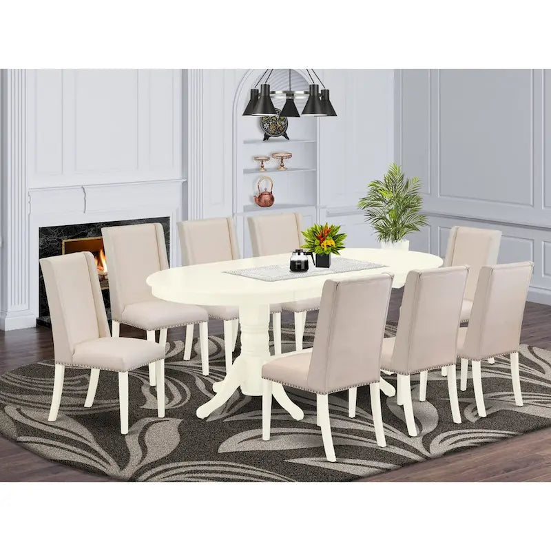 East West Furniture 9 Piece Kitchen Table Set- an Oval Dining Table and 8 Cream Linen Fabric Parson Chairs, Linen White