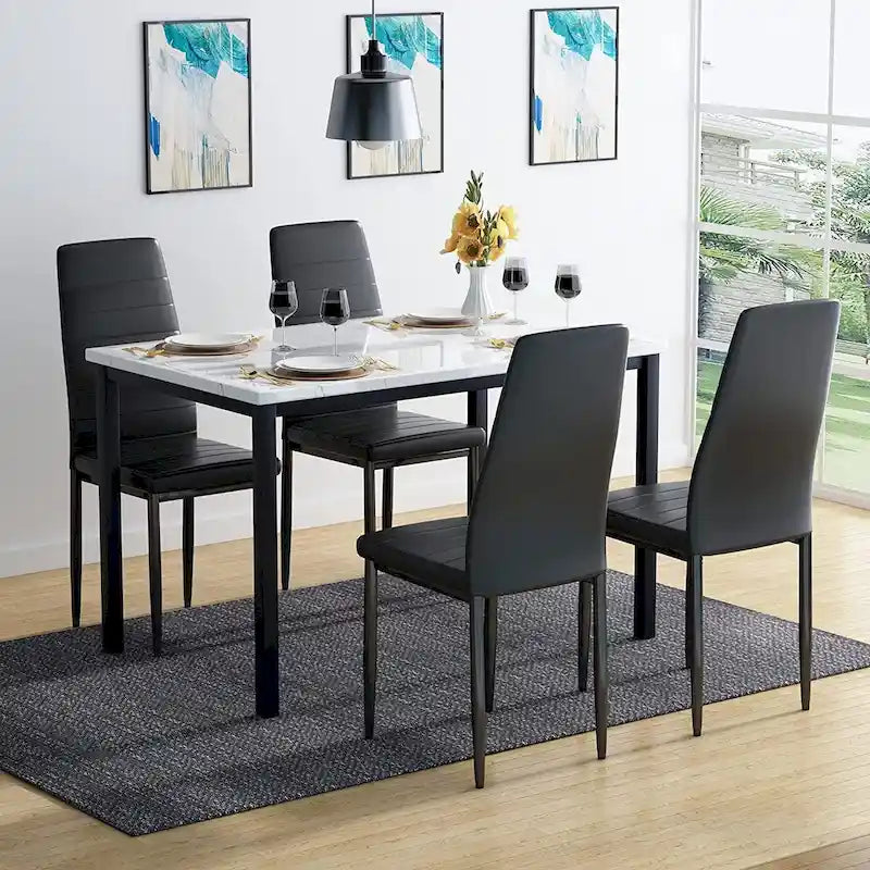 Ensemble de salle à manger Mieres moderne de 5 pièces avec table à plateau en faux marbre et 4 chaises de salle à manger rembourrées en similicuir