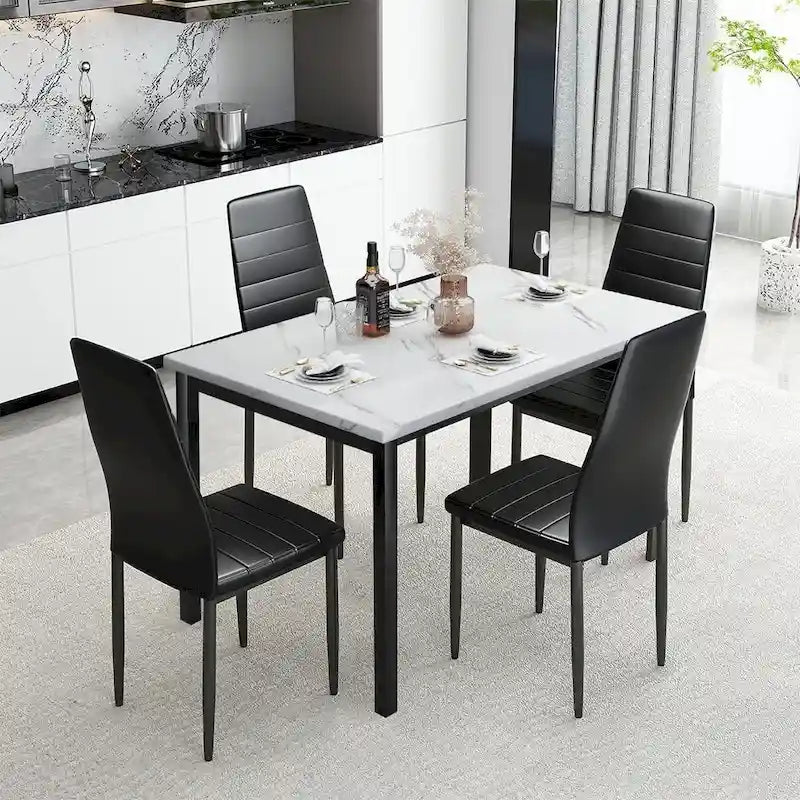 Ensemble de salle à manger Mieres moderne de 5 pièces avec table à plateau en faux marbre et 4 chaises de salle à manger rembourrées en similicuir