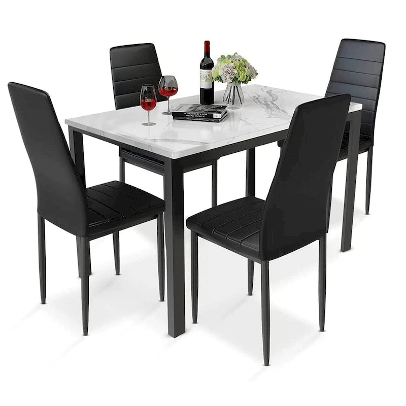 Ensemble de salle à manger Mieres moderne de 5 pièces avec table à plateau en faux marbre et 4 chaises de salle à manger rembourrées en similicuir
