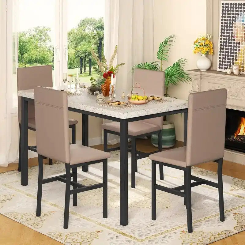Ensemble de salle à manger 5 pièces Grondin Mid-Century Modern avec plateau en faux marbre et 4 chaises assorties en similicuir pour la cuisine