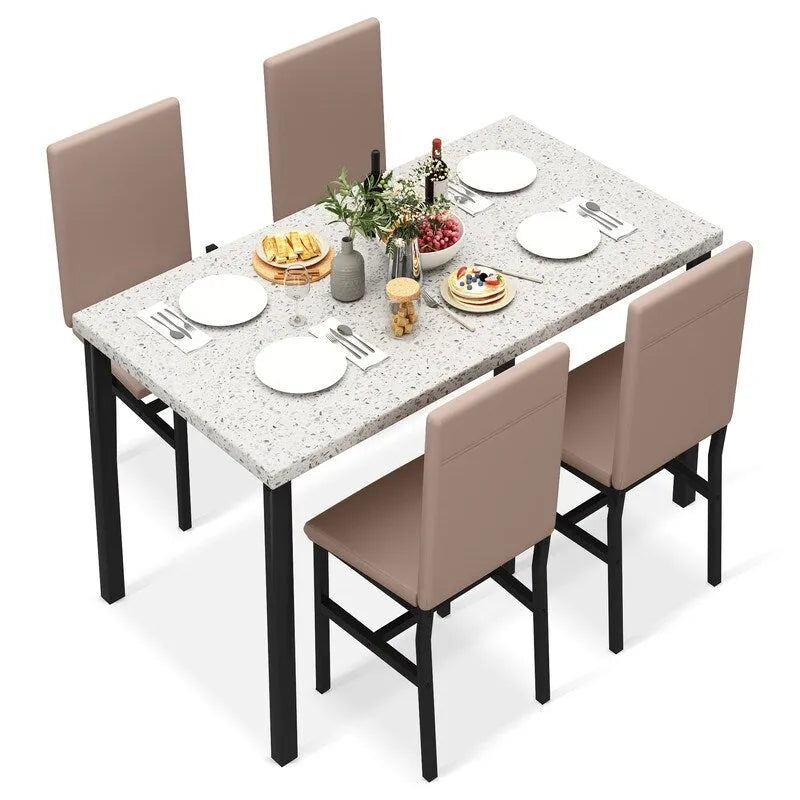 Ensemble de salle à manger 5 pièces Grondin Mid-Century Modern avec plateau en faux marbre et 4 chaises assorties en similicuir pour la cuisine