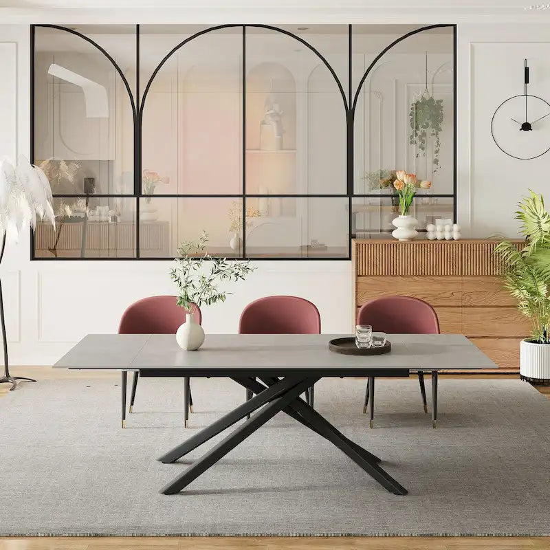 Ensemble de salle à manger rectangulaire extensible en pierre frittée à pieds croisés de 9 pièces avec 8 chaises pour la maison ou la villa