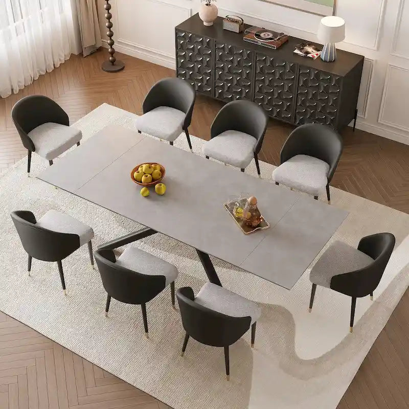 Ensemble de salle à manger rectangulaire extensible en pierre frittée à pieds croisés de 9 pièces avec 8 chaises pour la maison ou la villa