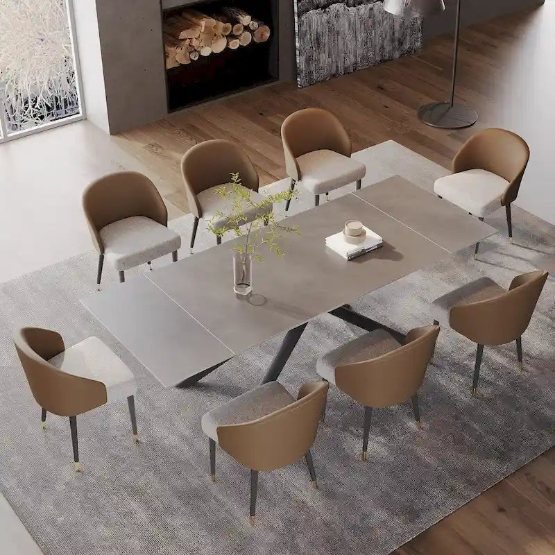 Ensemble de salle à manger rectangulaire extensible en pierre frittée à pieds croisés de 9 pièces avec 8 chaises pour la maison ou la villa