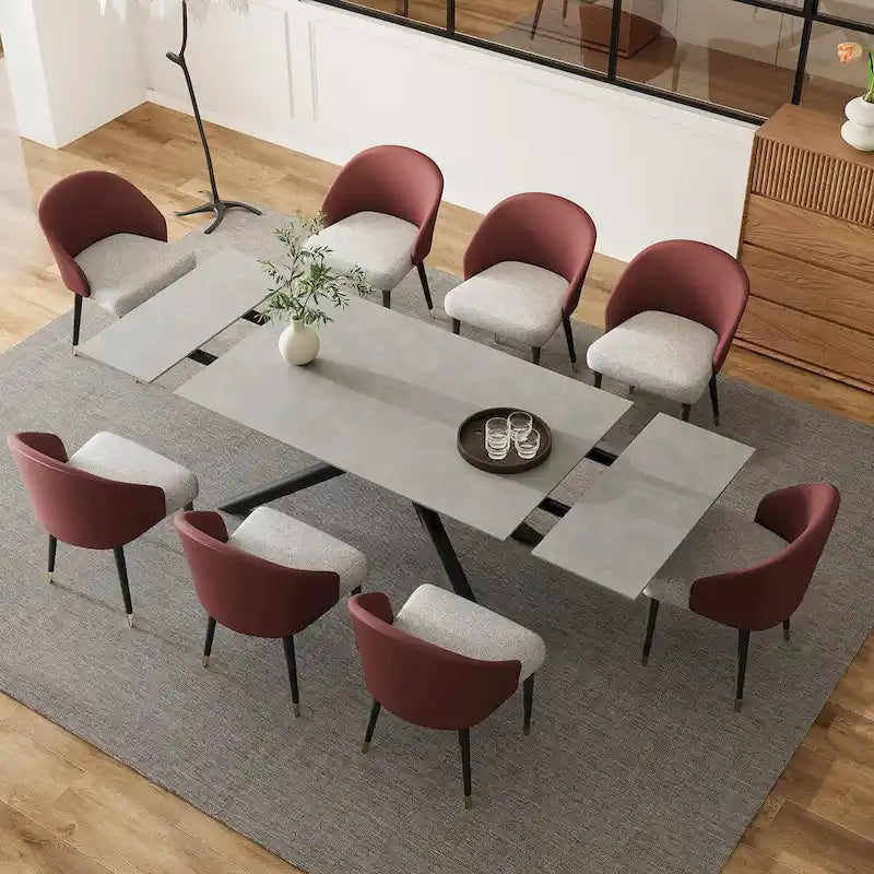 Ensemble de salle à manger rectangulaire extensible en pierre frittée à pieds croisés de 9 pièces avec 8 chaises pour la maison ou la villa