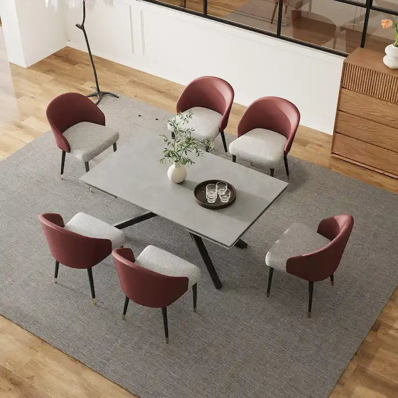 Ensemble de salle à manger rectangulaire extensible en pierre frittée à pieds croisés de 9 pièces avec 8 chaises pour la maison ou la villa