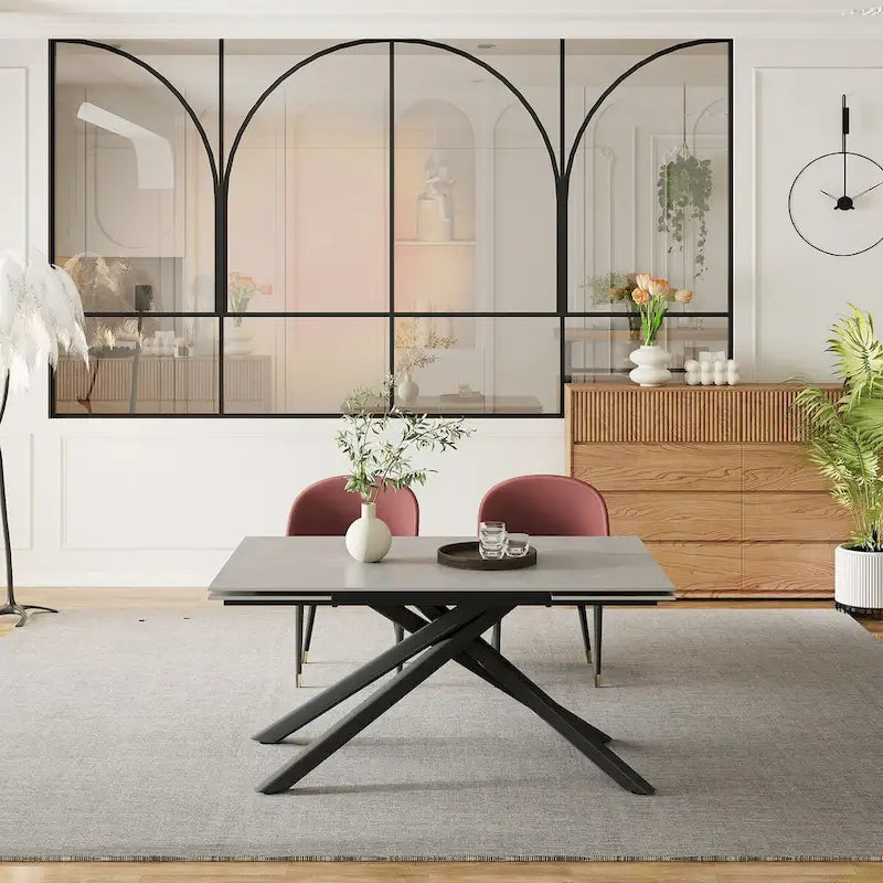 Ensemble de salle à manger rectangulaire extensible en pierre frittée à pieds croisés de 9 pièces avec 8 chaises pour la maison ou la villa