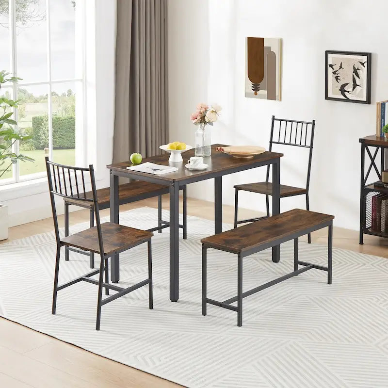 Ensemble de table à manger, table de bar avec 2 bancs et 2 chaises à dossier, table à manger industrielle pour la cuisine, le petit-déjeuner, le salon