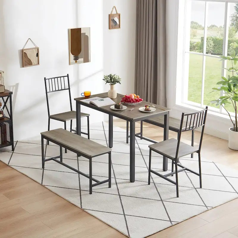 Ensemble de table à manger, table de bar avec 2 bancs et 2 chaises à dossier, table à manger industrielle pour la cuisine, le petit-déjeuner, le salon