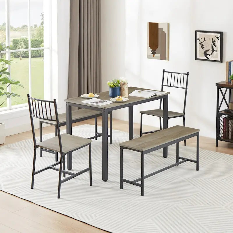 Ensemble de table à manger, table de bar avec 2 bancs et 2 chaises à dossier, table à manger industrielle pour la cuisine, le petit-déjeuner, le salon