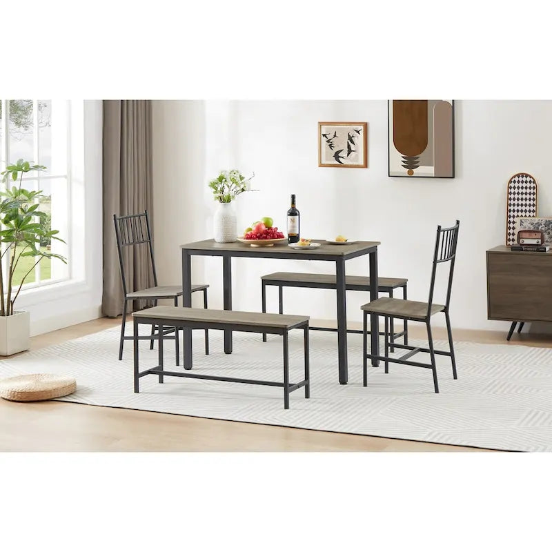 Ensemble de table à manger, table de bar avec 2 bancs et 2 chaises à dossier, table à manger industrielle pour la cuisine, le petit-déjeuner, le salon