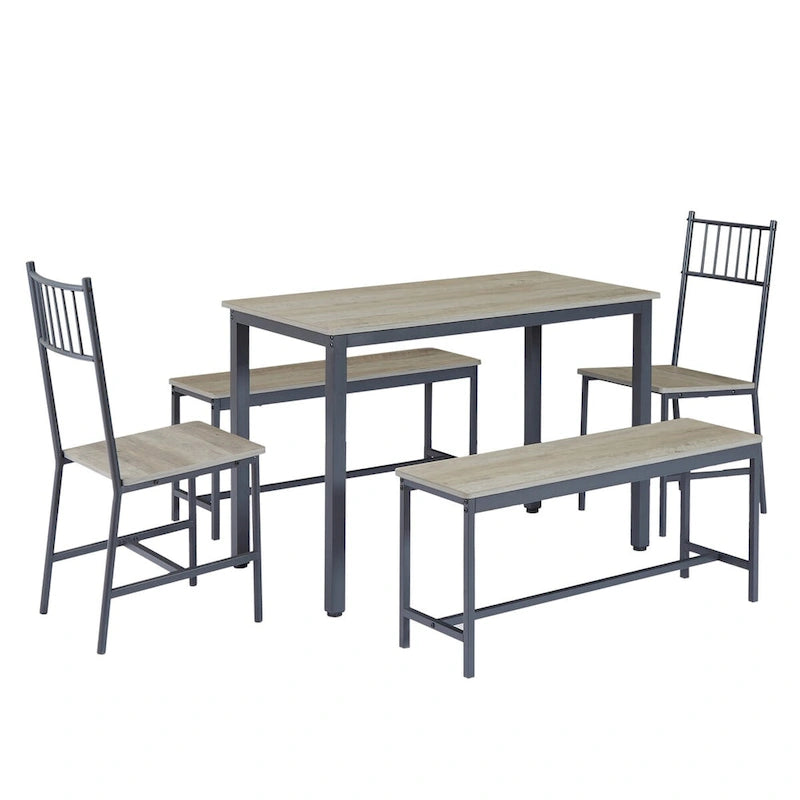 Ensemble de table à manger, table de bar avec 2 bancs et 2 chaises à dossier, table à manger industrielle pour la cuisine, le petit-déjeuner, le salon