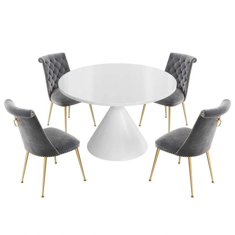 Ensemble de table à manger de luxe blanc brillant avec 48 chaises en velours
