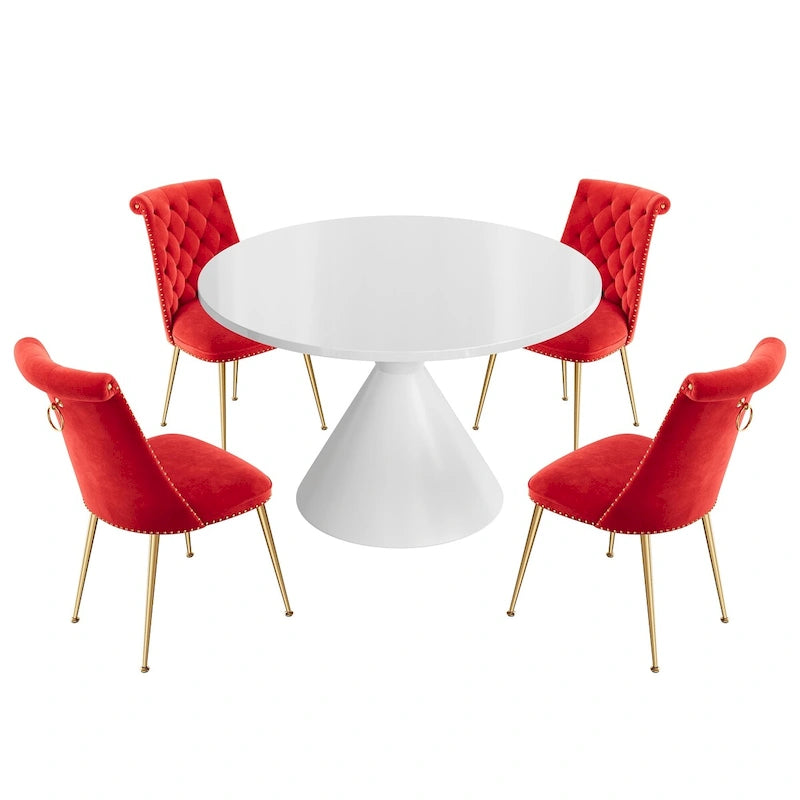 Ensemble de table à manger de luxe blanc brillant avec 48 chaises en velours