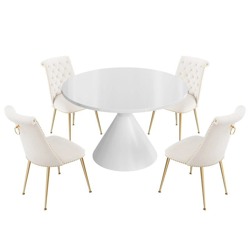 Ensemble de table à manger de luxe blanc brillant avec 48 chaises en velours