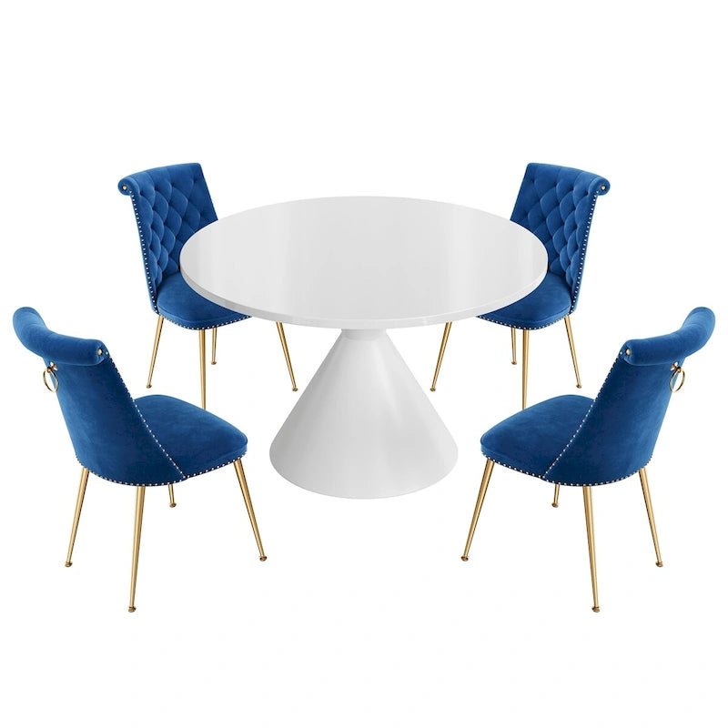 Ensemble de table à manger de luxe blanc brillant avec 48 chaises en velours