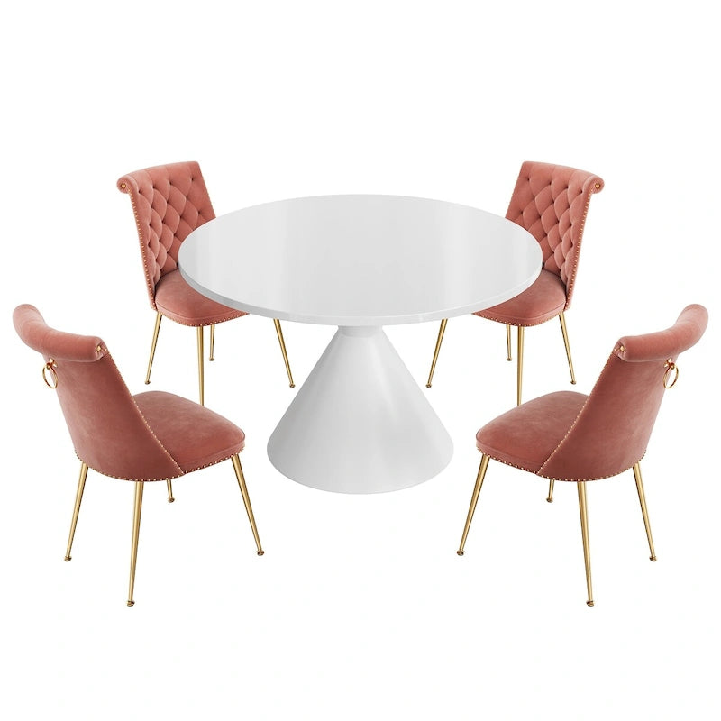 Ensemble de table à manger de luxe blanc brillant avec 48 chaises en velours