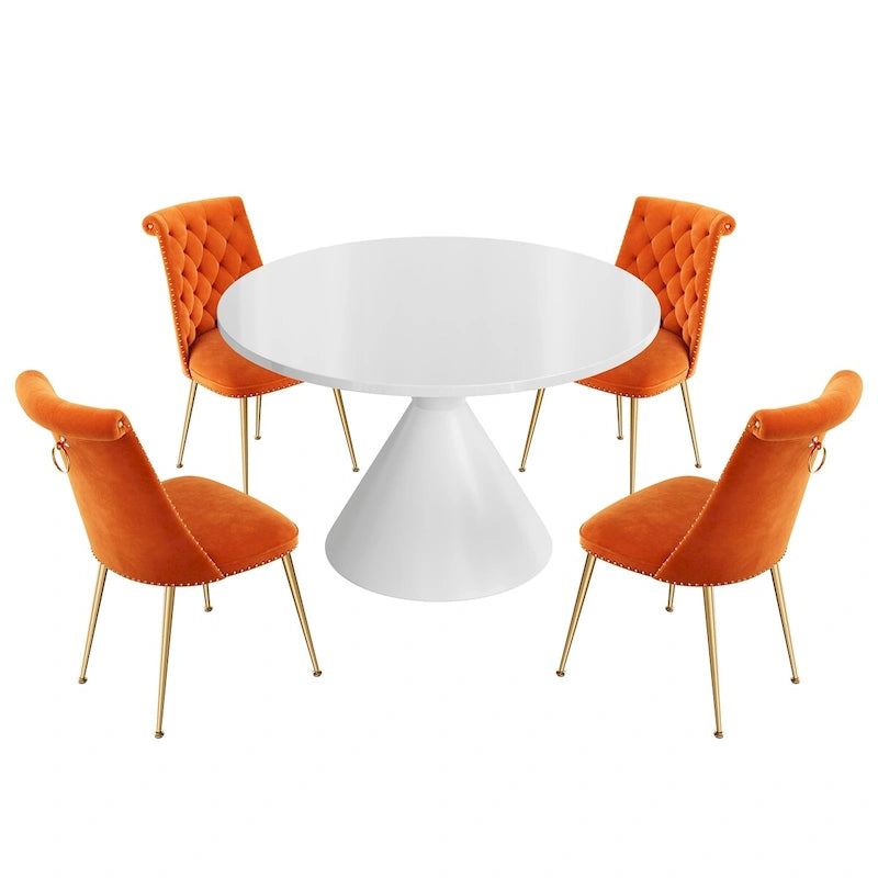 Ensemble de table à manger de luxe blanc brillant avec 48 chaises en velours