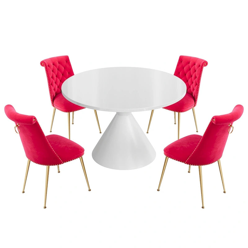 Ensemble de table à manger de luxe blanc brillant avec 48 chaises en velours
